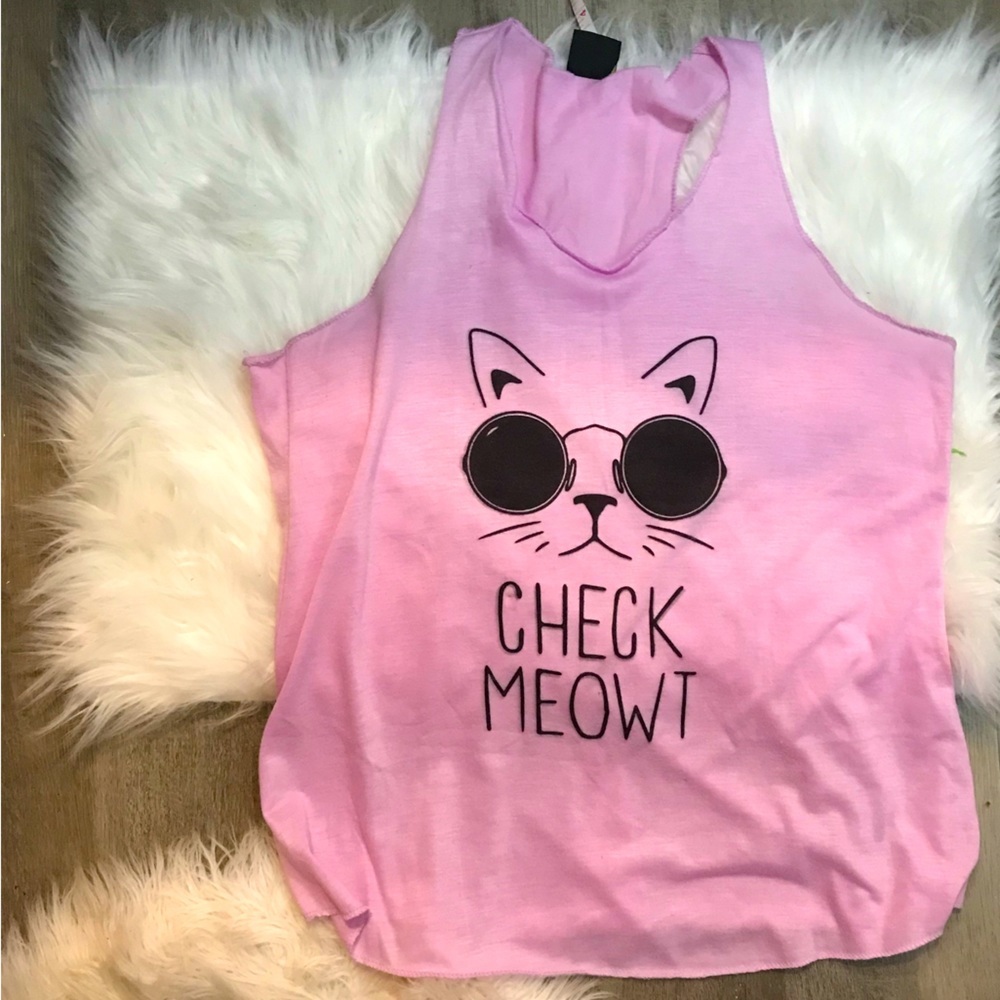 BUBBLE gum Purple Racerback Cami with graphic “Check Meow..wwwttttt!!